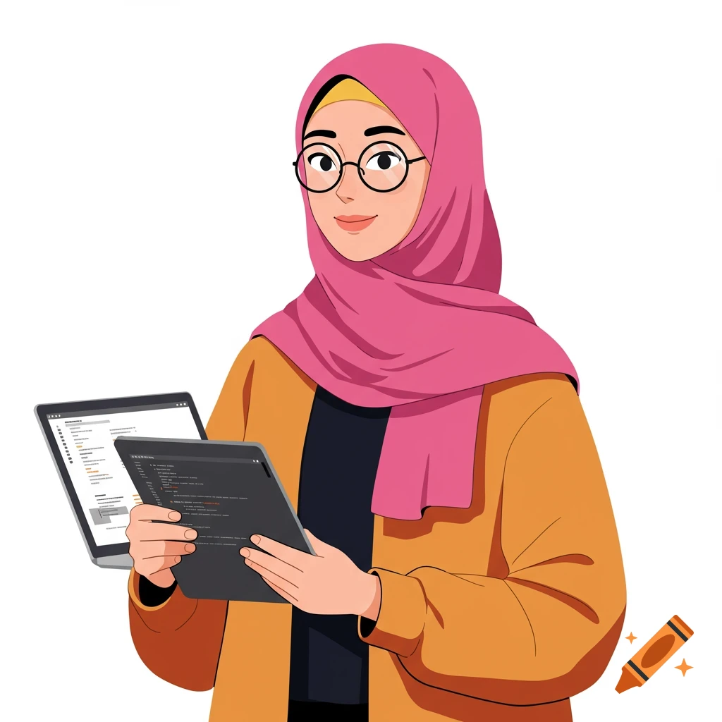 Cartoon illustration of a woman in a pink hijab and glasses holding a tablet and laptop with code on screens.