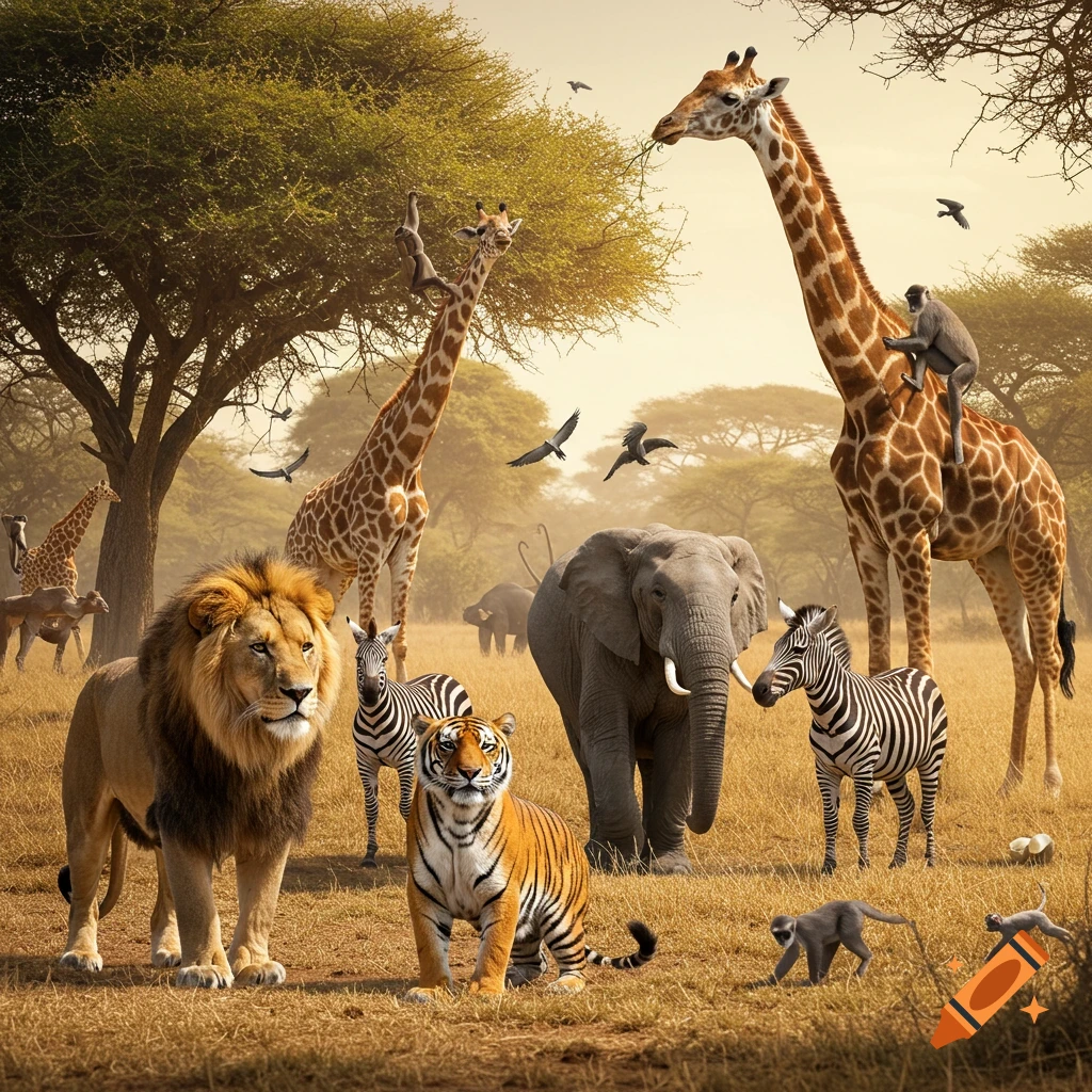A photorealistic image of African wildlife including a lion, tiger, elephant, giraffes, zebras, and monkeys in a savanna.
