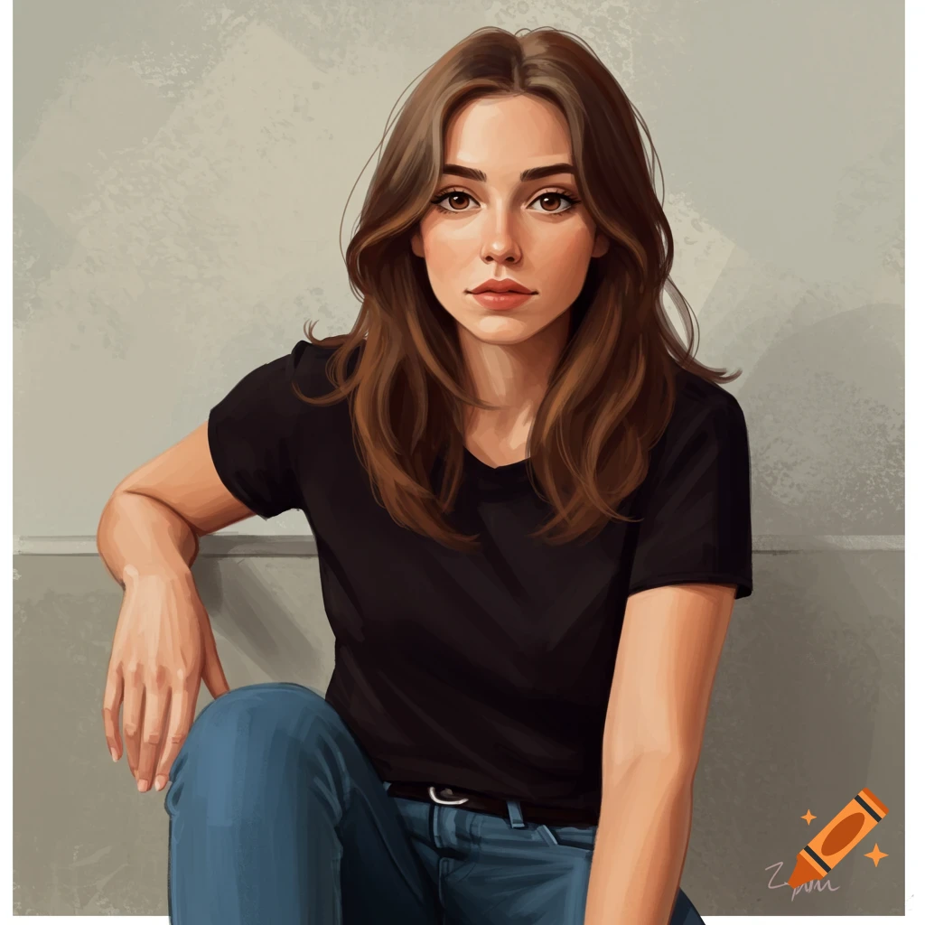Image of a woman with brown hair wearing a black shirt and jeans, seated.
