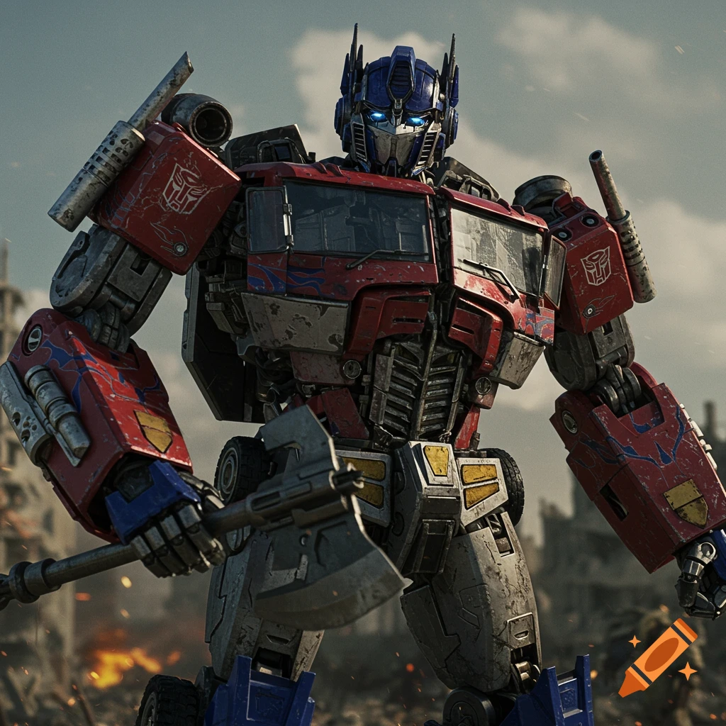 Optimus Prime, a large red and blue robot, stands in a ruined city holding an axe, in a photorealistic style.