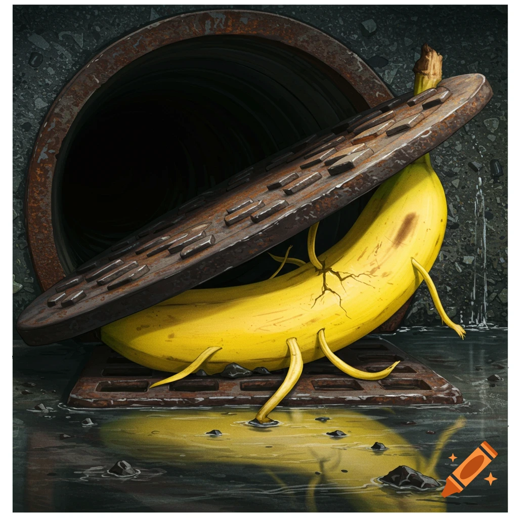 Surreal image of a banana with roots like legs stuck under a sewer manhole, standing in water.