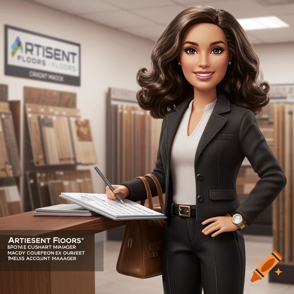 A professional woman doll in a business suit signing papers in a flooring store.