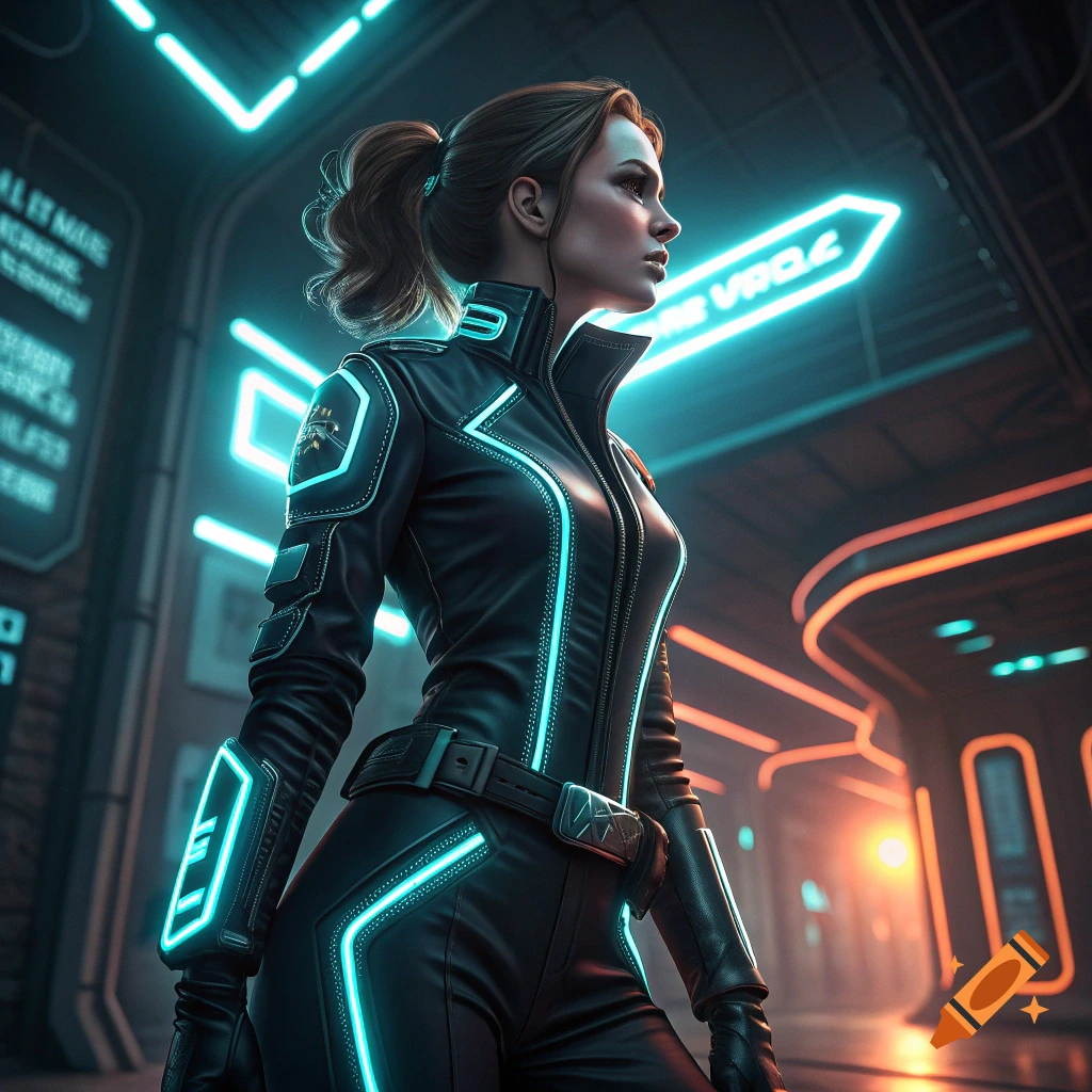 Woman in futuristic black leather suit with blue neon accents in cyberpunk setting