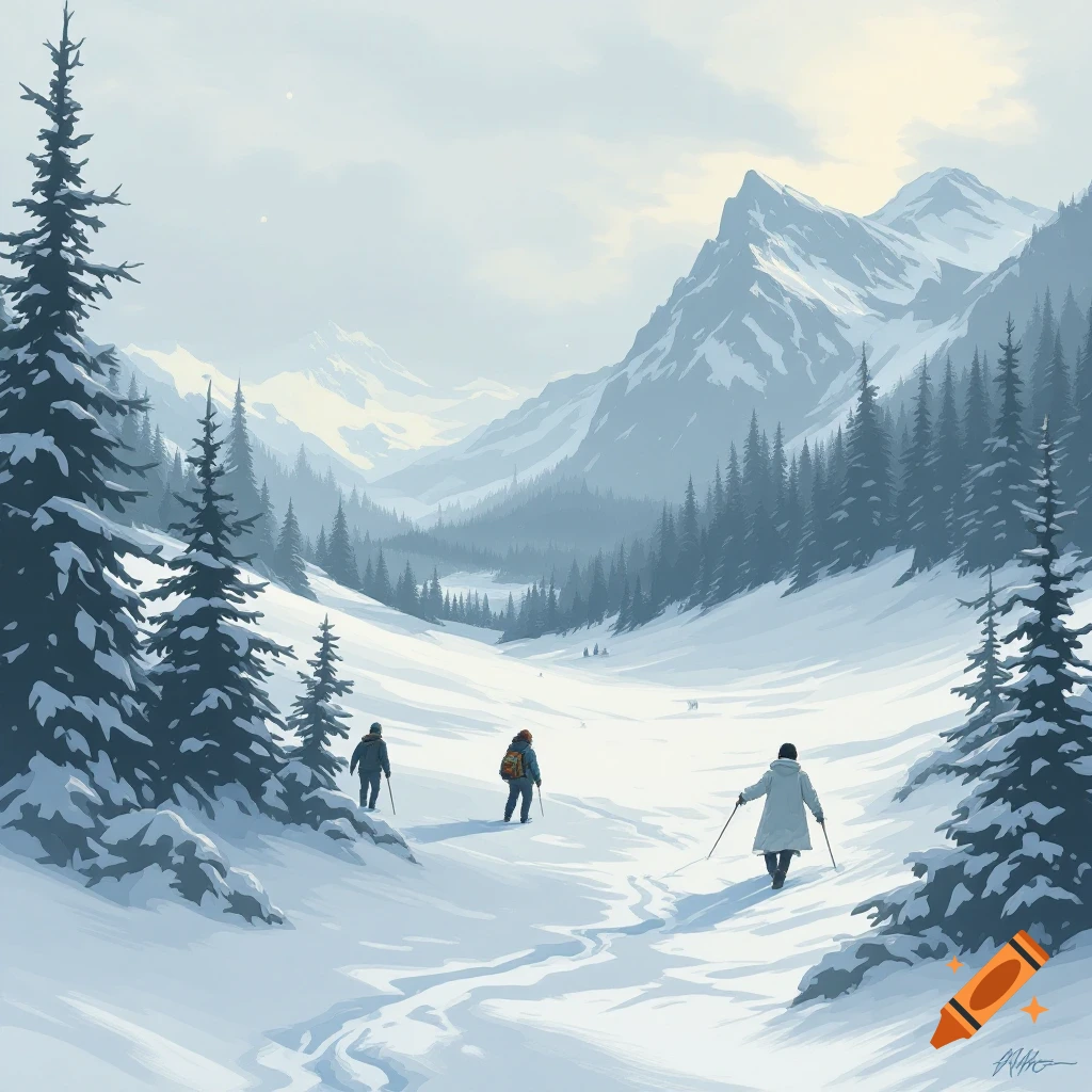 Hikers in a snowy mountain valley