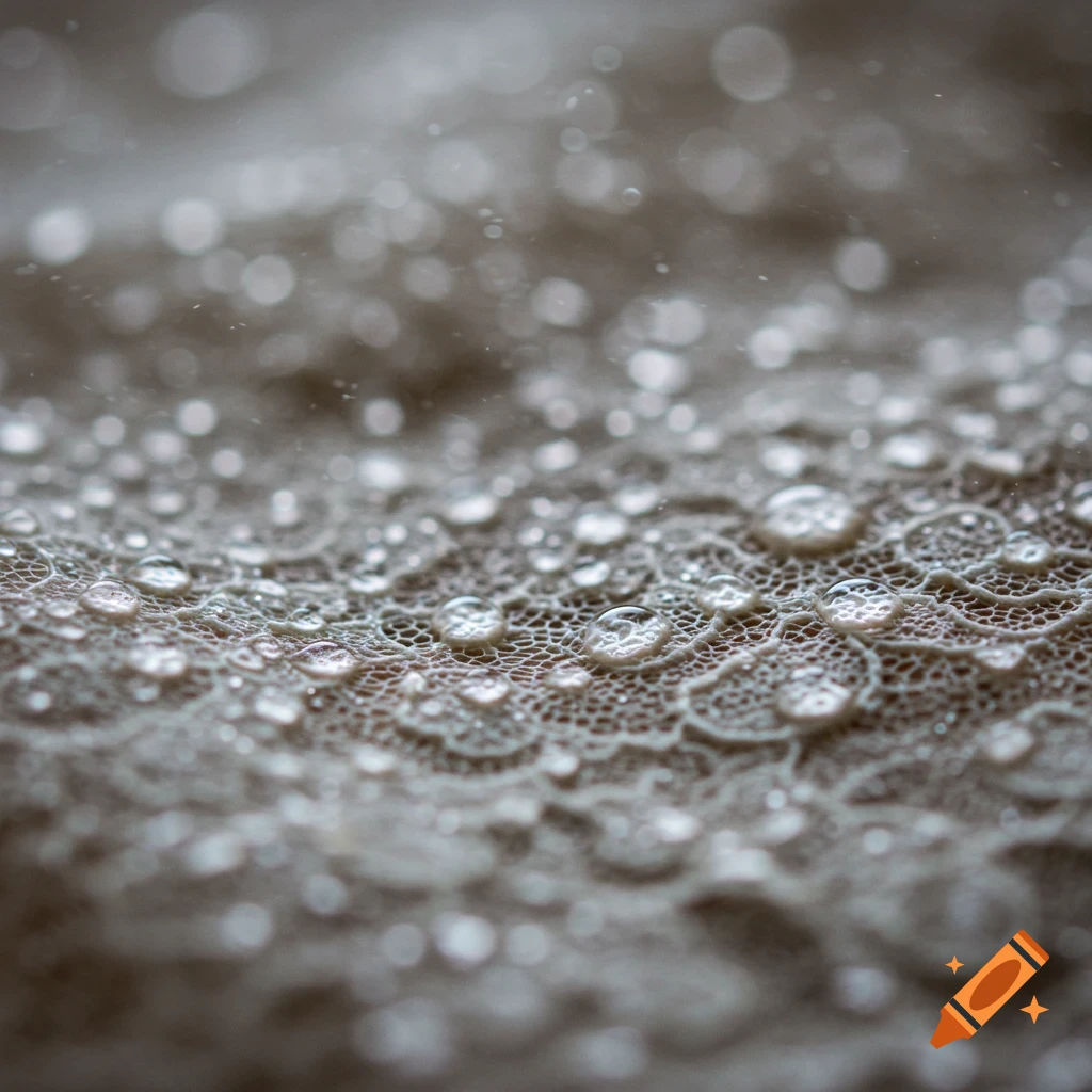 Macro shot of white lace fabric covered in clear water droplets with a blurred background.