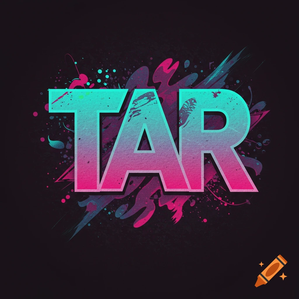 Stylized text TAR in pink and blue with splatters on black background, digital art.