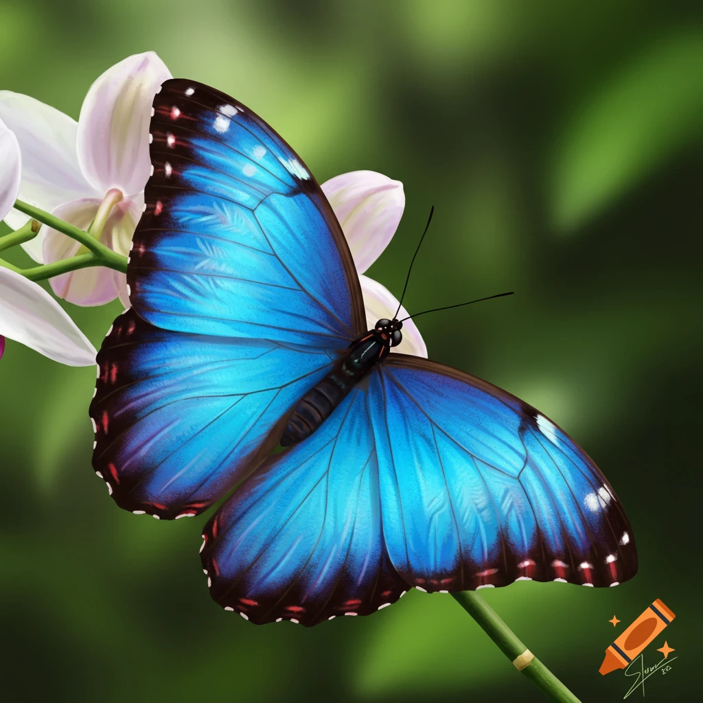 A vibrant blue butterfly with black and reddish-brown edges rests on a pale pink and white orchid flower.