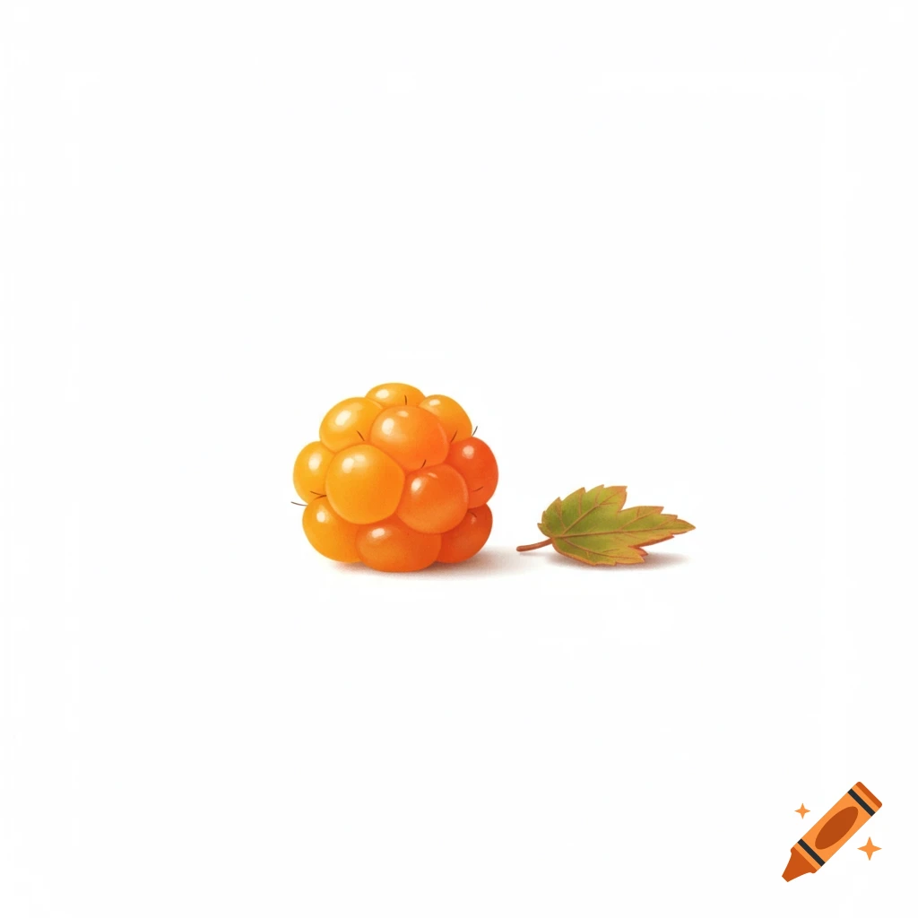 A minimalist depiction of a cloudberry with a leaf on a white background.