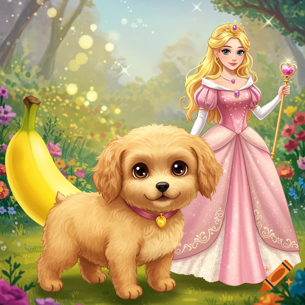 A cartoon princess and a cute puppy with a banana tail stand in a magical garden.