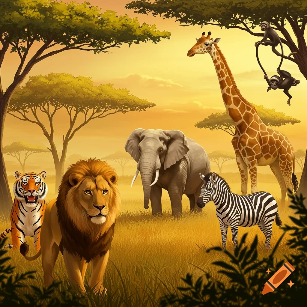 A variety of safari animals, such as a lion, tiger, zebra, elephant, giraffe, and monkeys, are depicted in a savanna landscape under a sunset.