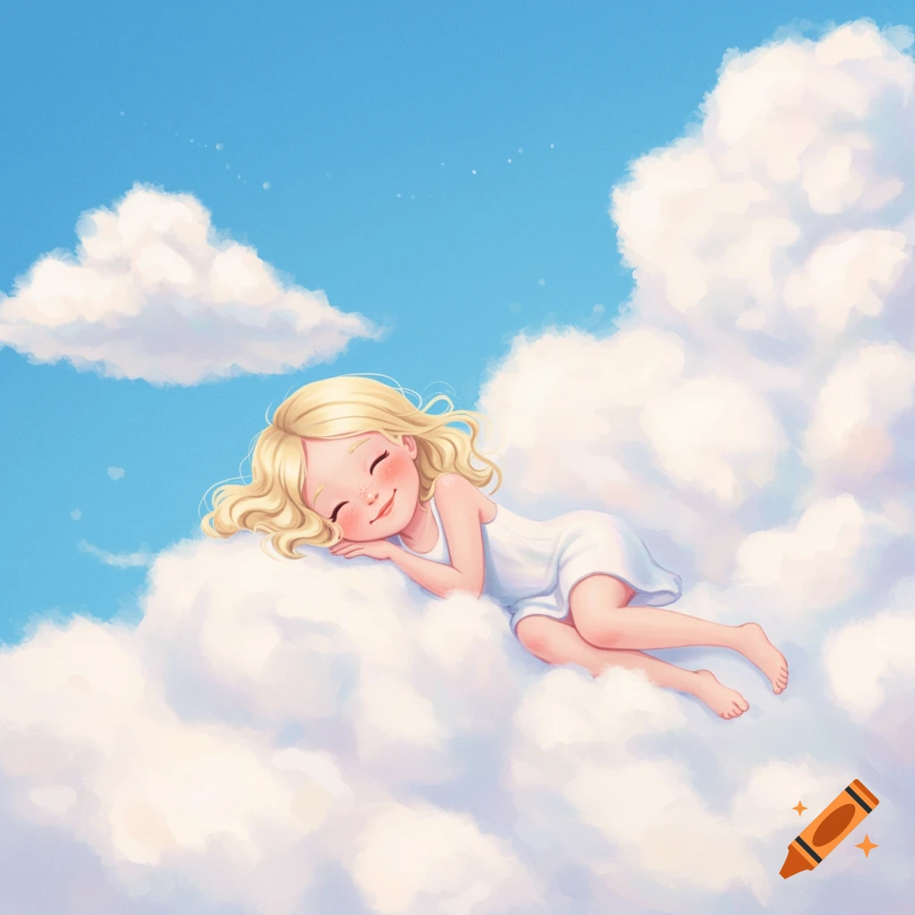 A blonde girl sleeping peacefully on a fluffy cloud in a bright blue sky.