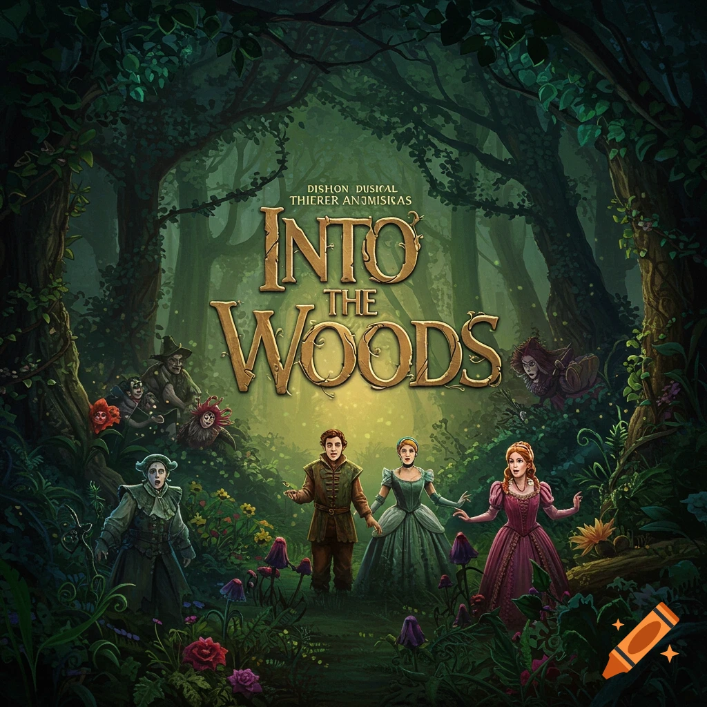 Poster for Into The Woods musical featuring characters in a forest. Title text is prominent.