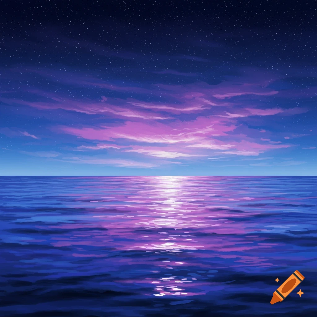 The ocean surface reflects the bright pink and purple colors of a starry night sky.