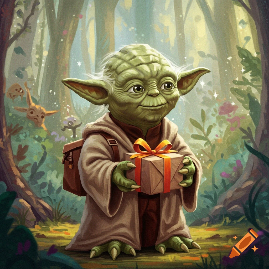 Yoda holding a gift package in a forest
