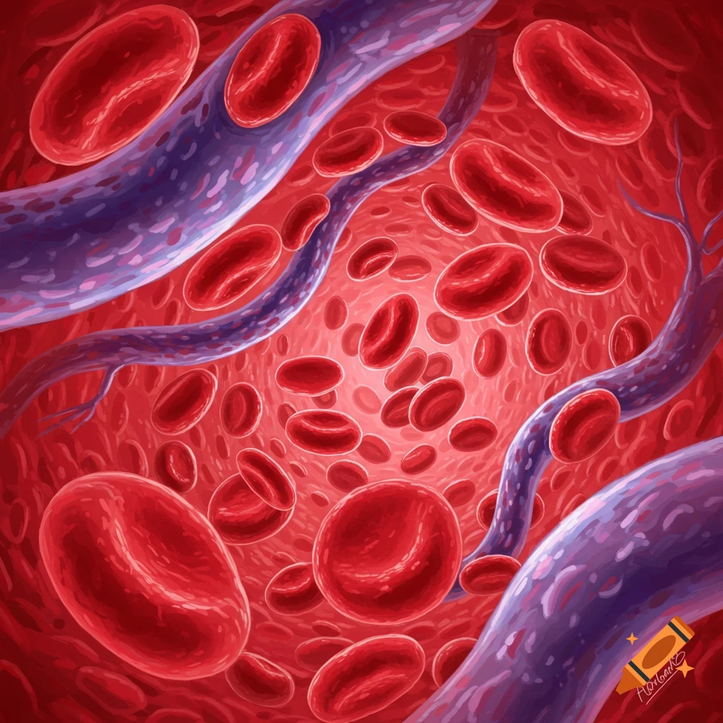 A close-up view inside a blood vessel showing red blood cells and vein walls flowing.