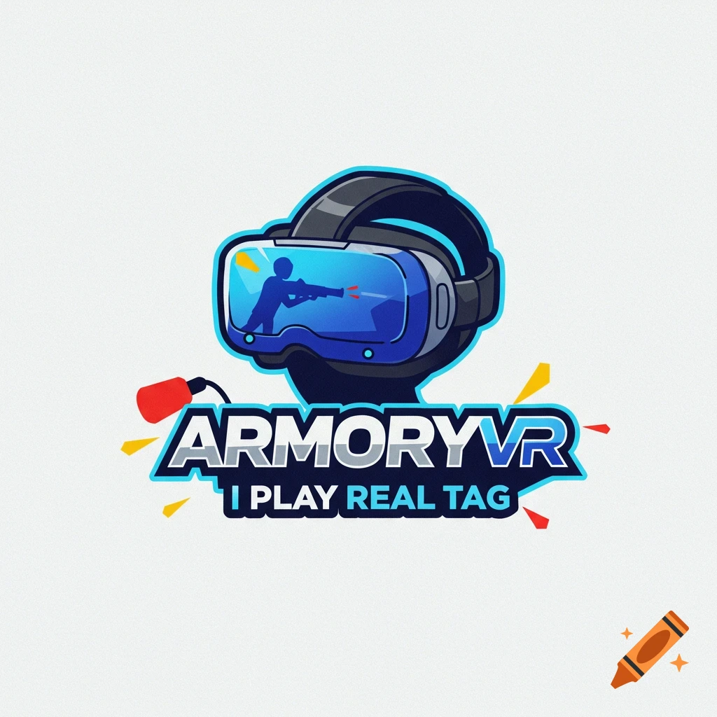 Logo for ArmoryVR featuring a VR headset with a person shooting inside and text 'ARMORYVR I PLAY REAL TAG'
