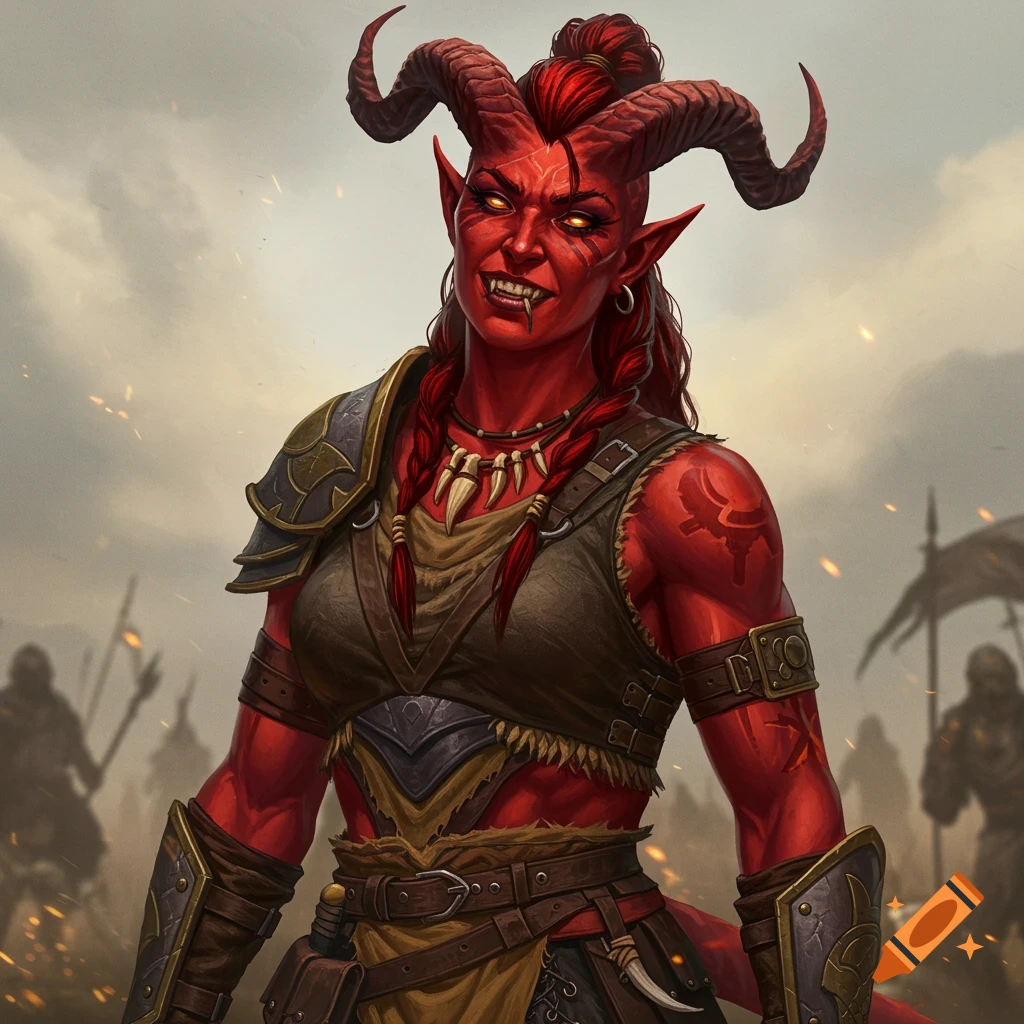 Portrait of a fierce red-skinned Tiefling woman in fantasy armor with horns and fangs, background battlefield.