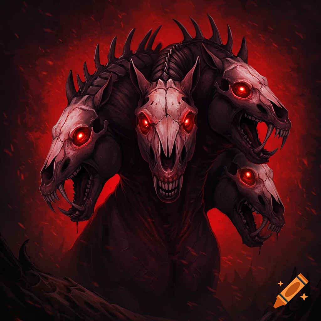 A four-headed skeletal monster with glowing red eyes against a red background.
