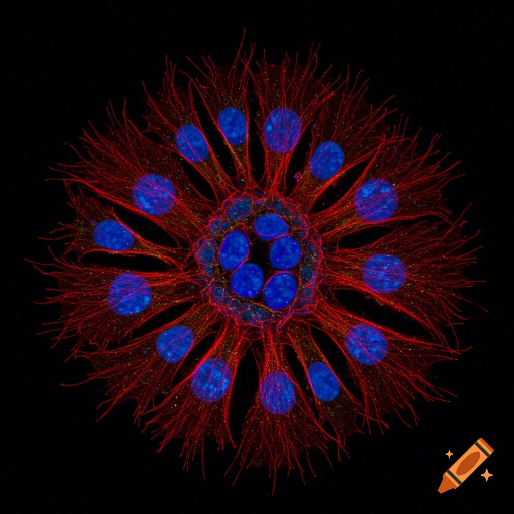 Microscopic view of cells with blue nuclei and red cytoskeleton on a black background.