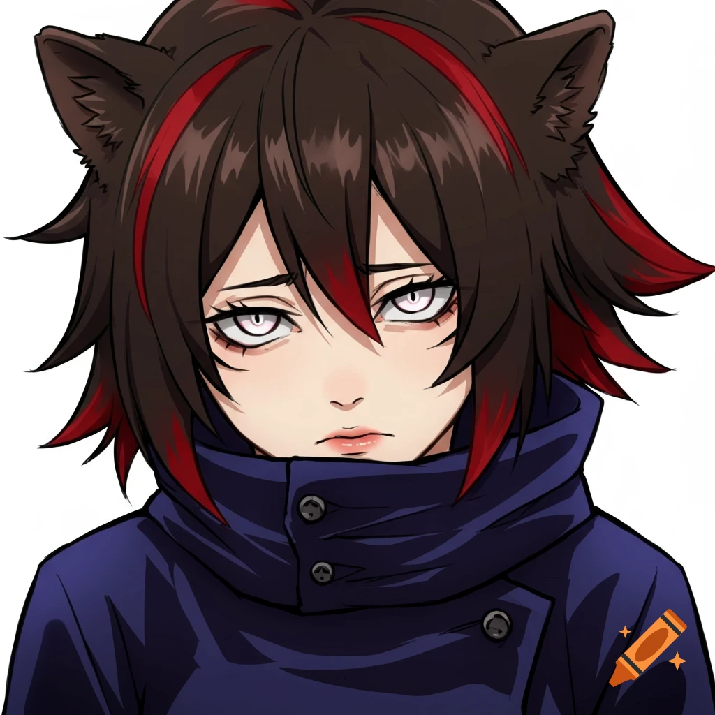 Anime style portrait of a tired person with cat ears, brown hair with red streaks, and a blue jacket.
