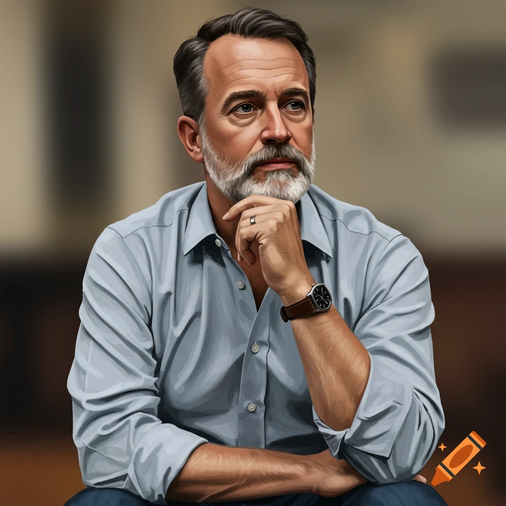 A middle-aged man with a beard sits and looks thoughtful, wearing a light blue shirt and a watch.