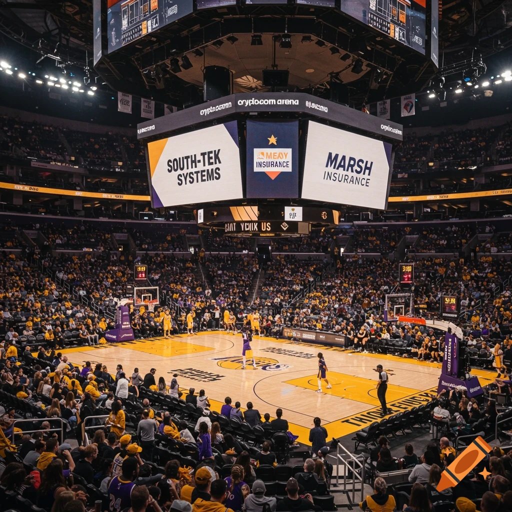 A basketball game is played in a large arena with a scoreboard displaying logos.