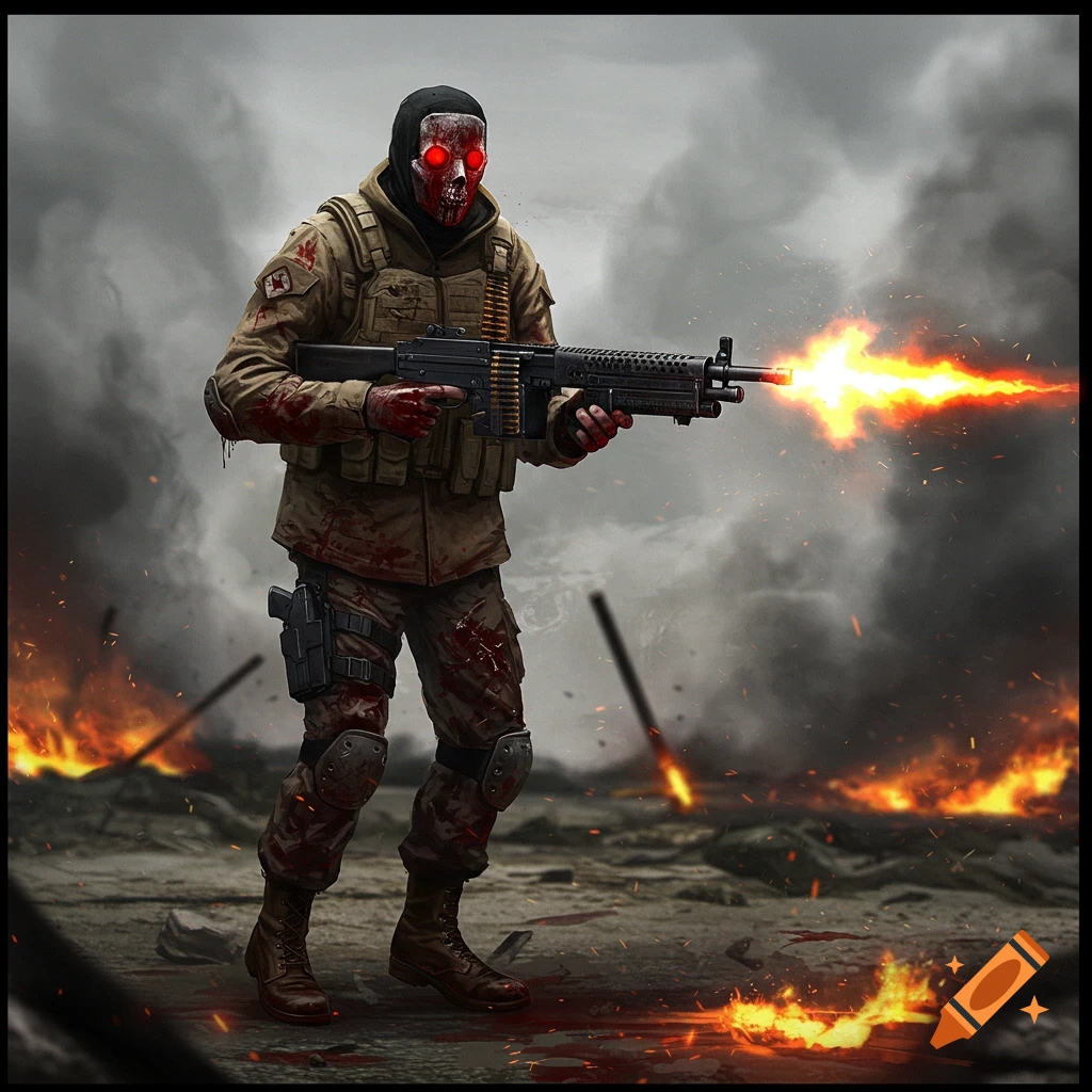 Painting of a masked soldier firing a machine gun in a burning battlefield, splattered with blood.