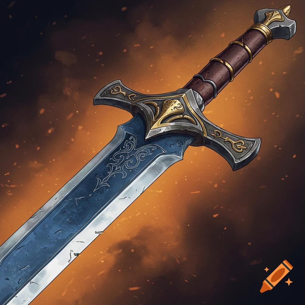 A detailed fantasy sword with a blue blade and ornate handle.