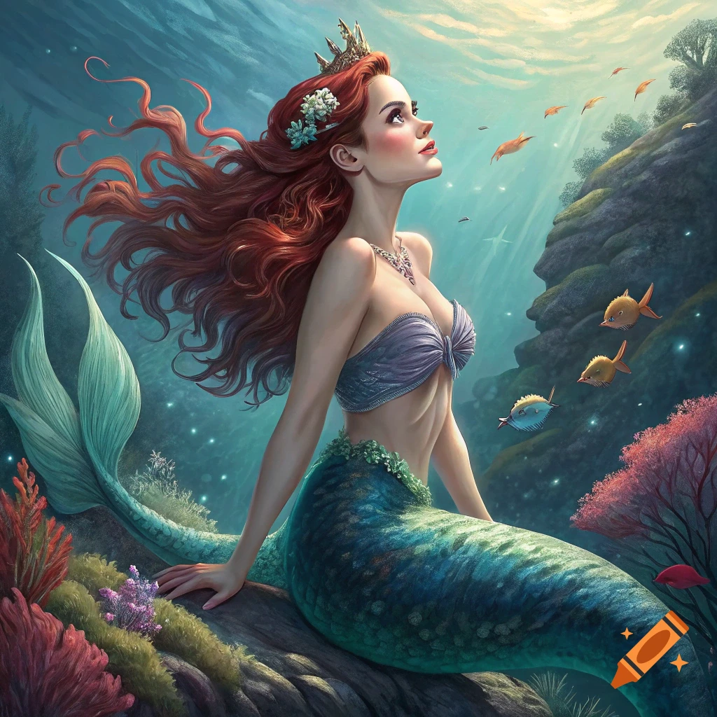 Mermaid with red hair and crown sitting underwater among coral and fish, looking up at light.
