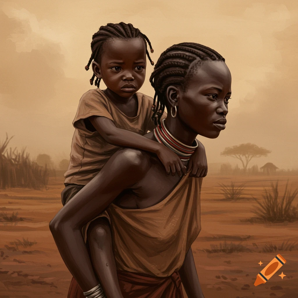 An African woman carries a child on her back in an arid landscape.