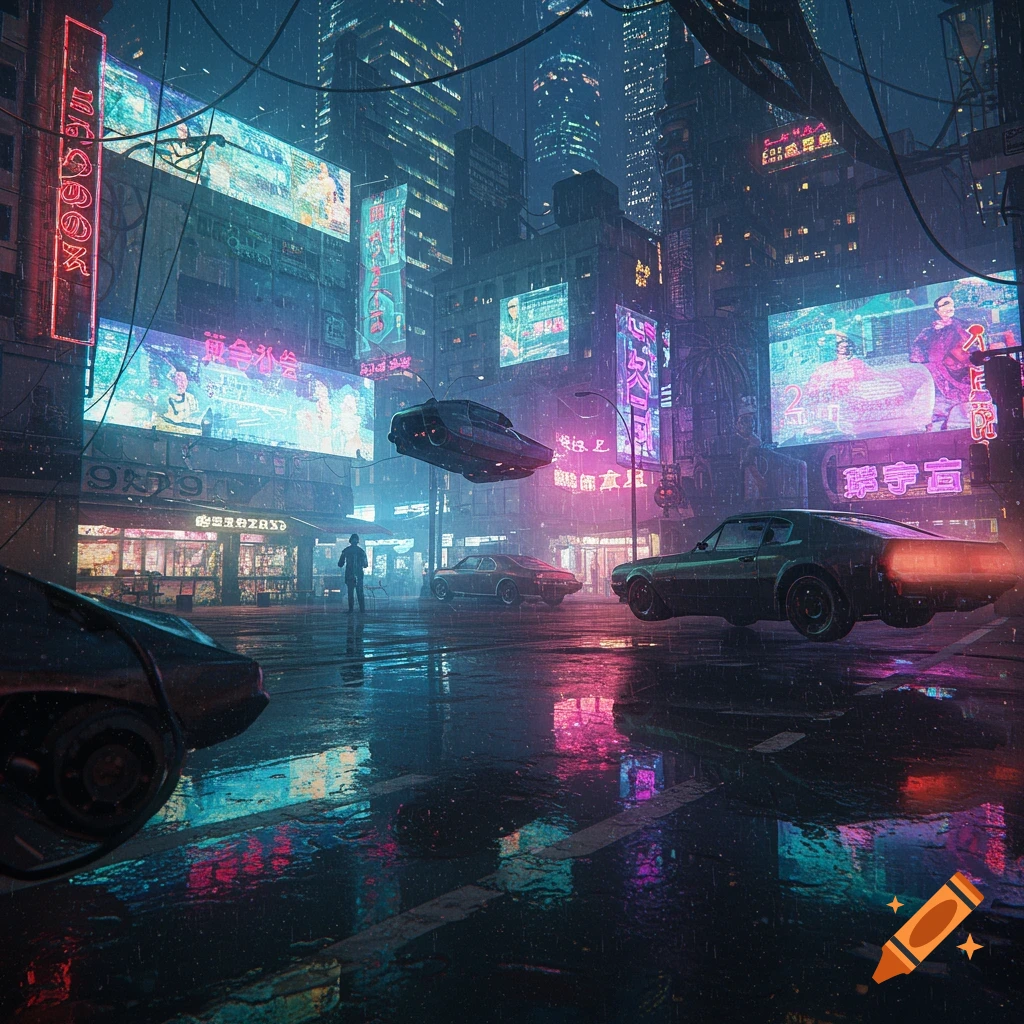 Rainy cyberpunk cityscape at night with neon lights, cars, and a flying vehicle.