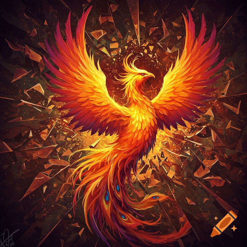 A vibrant fiery phoenix shattering like glass against a dark background.