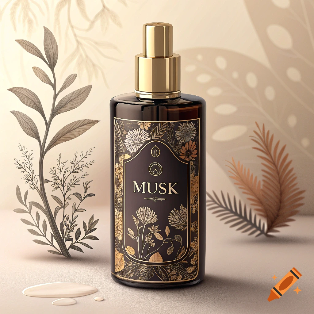 A bottle of musk perfume with gold floral label on a beige background.