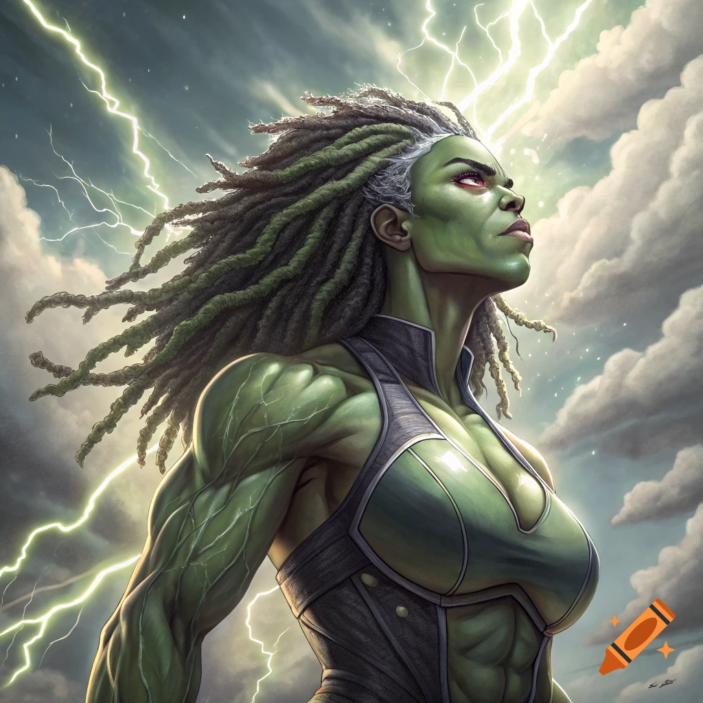 A muscular green-skinned woman with dreadlocks looks up as lightning flashes around her in a stylized art style.