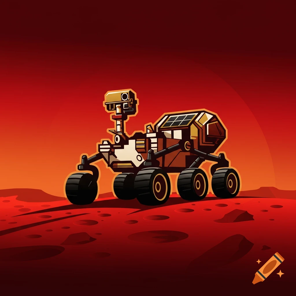 Illustration of a cartoon Mars rover on the red Martian surface under a red sky.