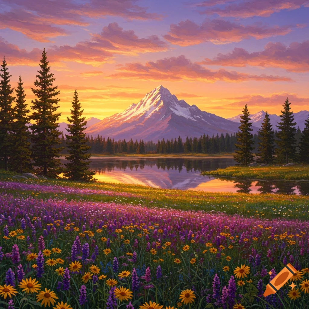 A vibrant image of a mountain at sunset, reflected in a lake, with a field of colorful wildflowers in the foreground.