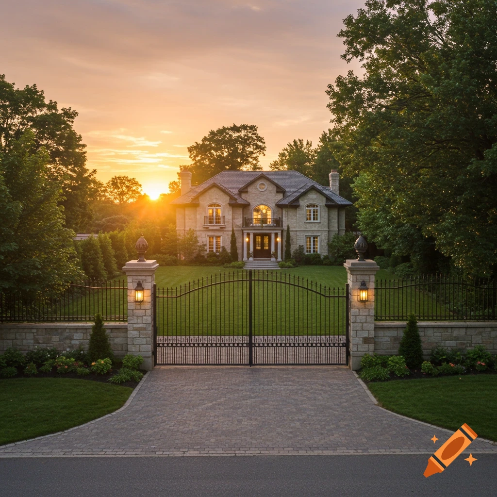 Large house with gates and driveway at sunset