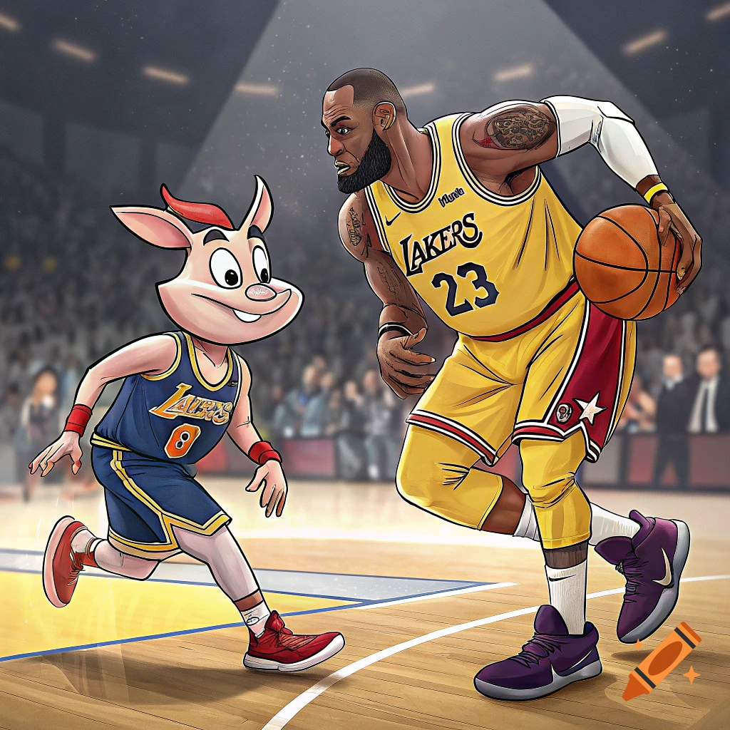 LeBron James plays basketball against a cartoon pig character in a stadium, illustration.