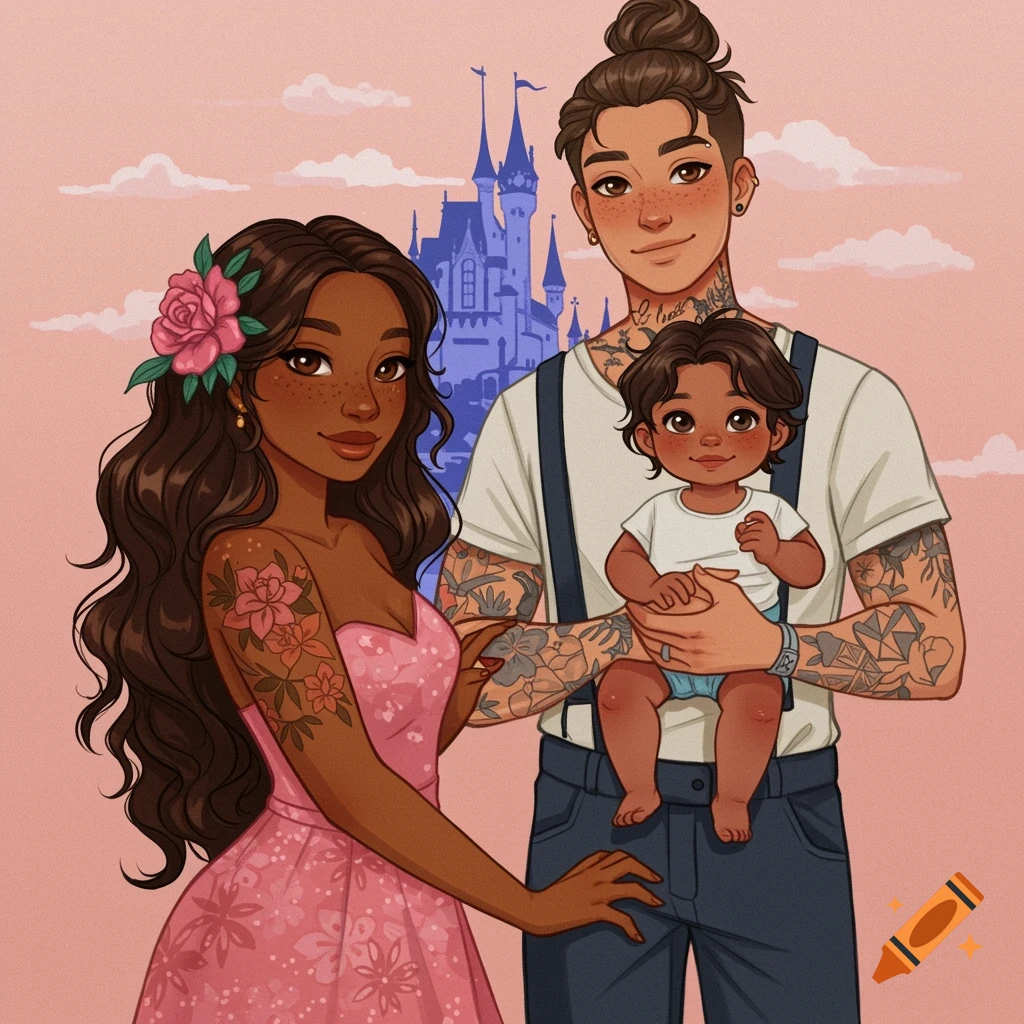 Illustration of a family with tattoos and a baby in front of a Disney castle.