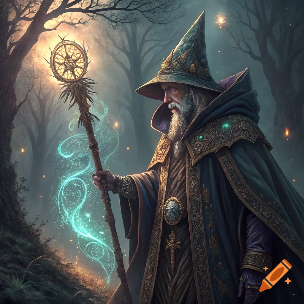 A wise old wizard with a staff conjures magic in a forest.
