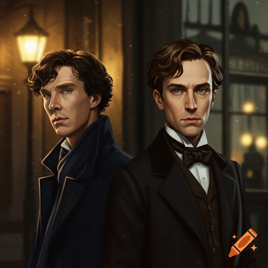 Two men, one in a dark coat, one in a suit, standing outdoors at night.