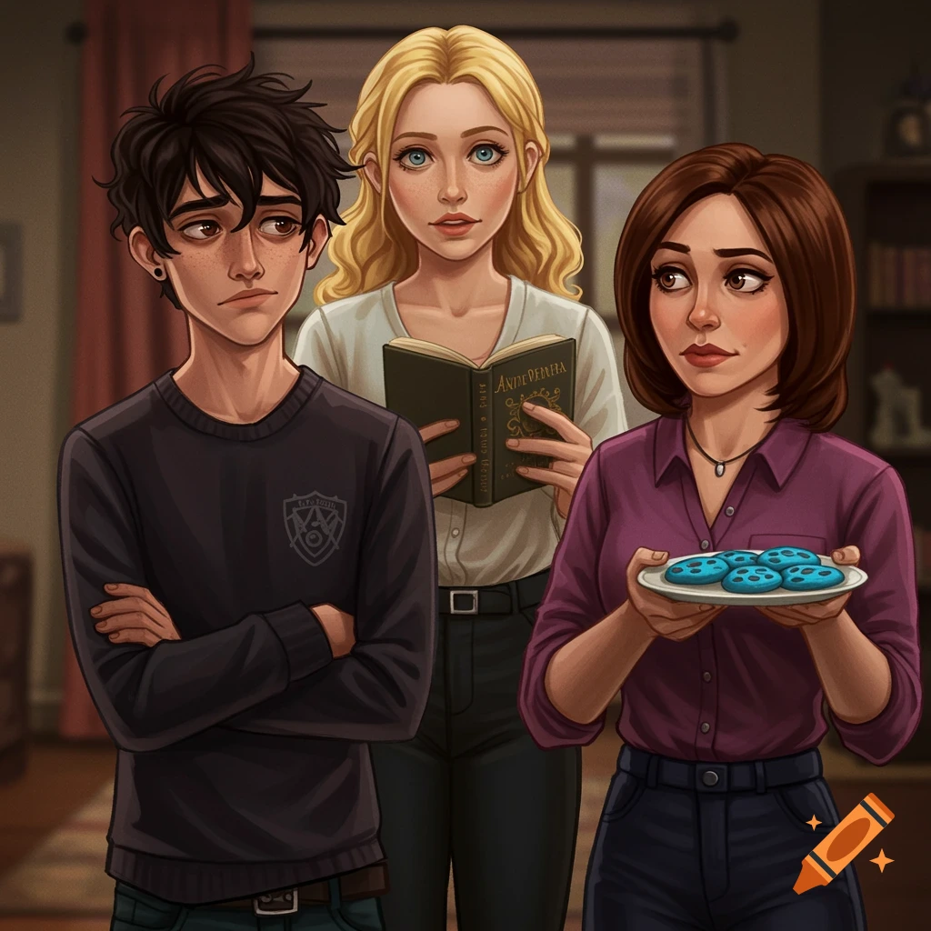 A boy, a blonde woman reading a book, and a brunette woman holding a plate of blue cookies.