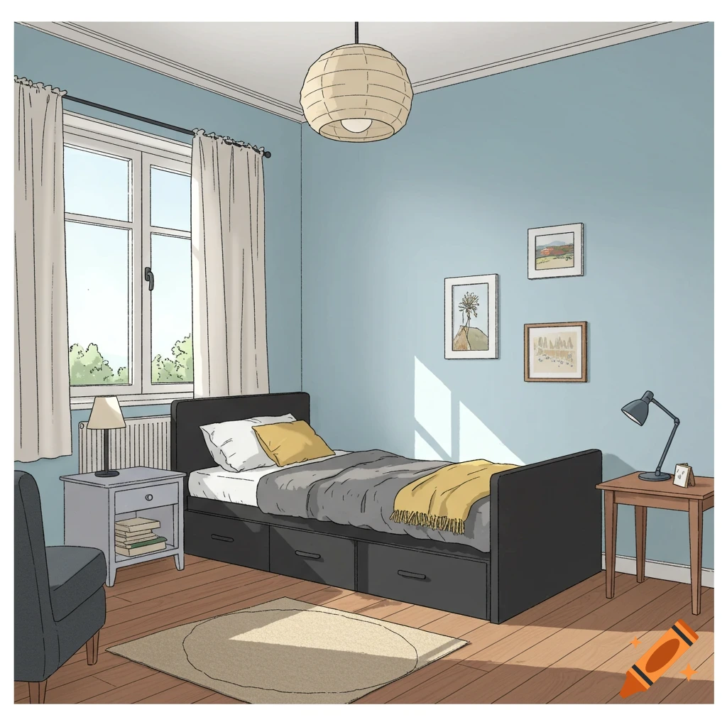 An illustration of a bedroom with a bed, nightstand, chair, and window.