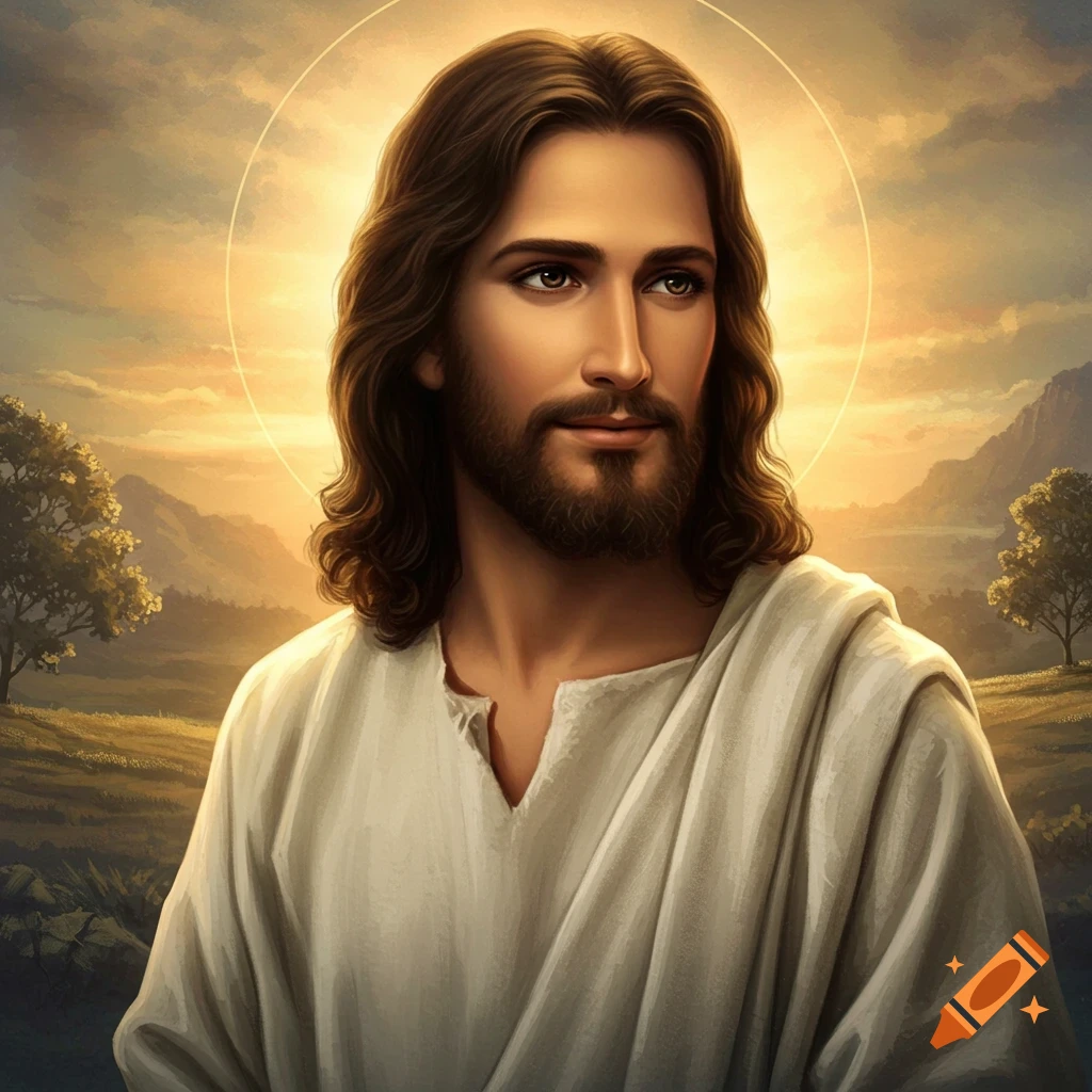 Jesus with a halo against a sunset landscape.