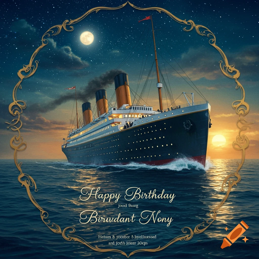 The Titanic sailing at sea under a starry night sky with a full moon and a sunset, framed by a decorative border, with Happy Birthday text.