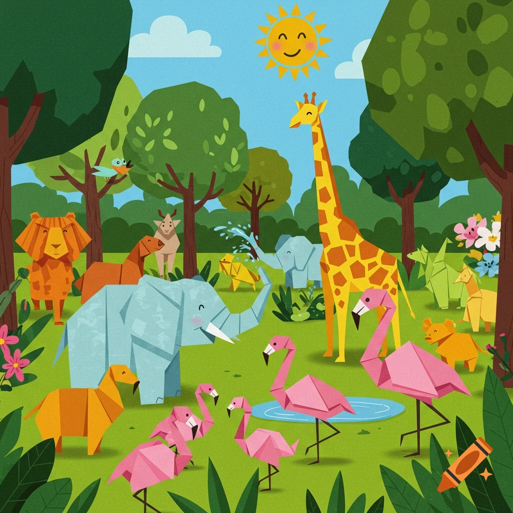 Colorful origami animals including a lion, giraffe, elephants, and flamingos in a lush green jungle landscape, digital illustration.