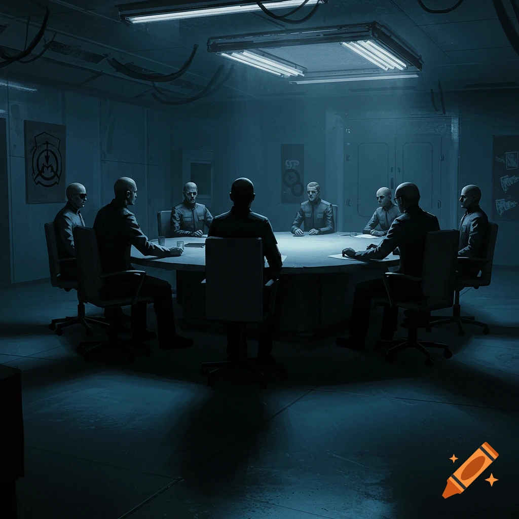 Figures around a round table in a dark SCP Foundation meeting room.