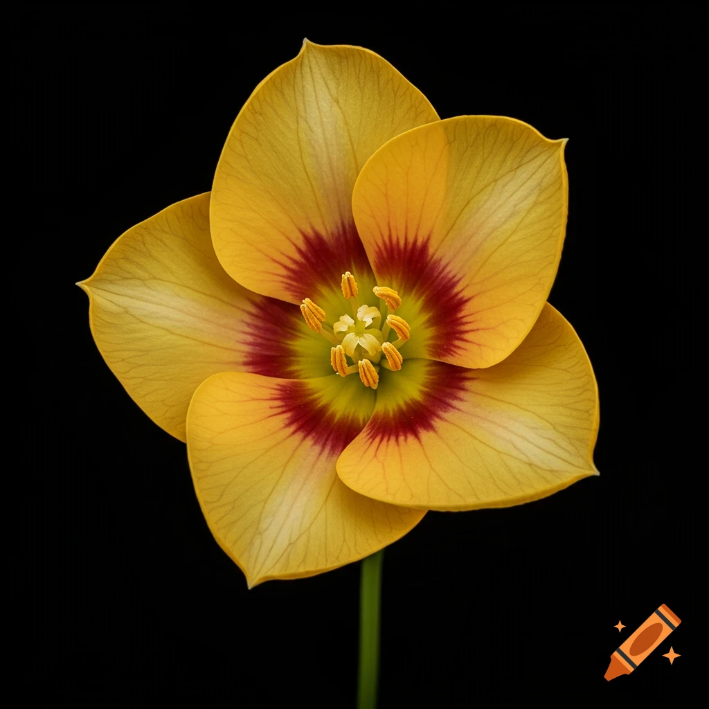 Close-up of a yellow flower with red and yellow patterns in the center on a black background.