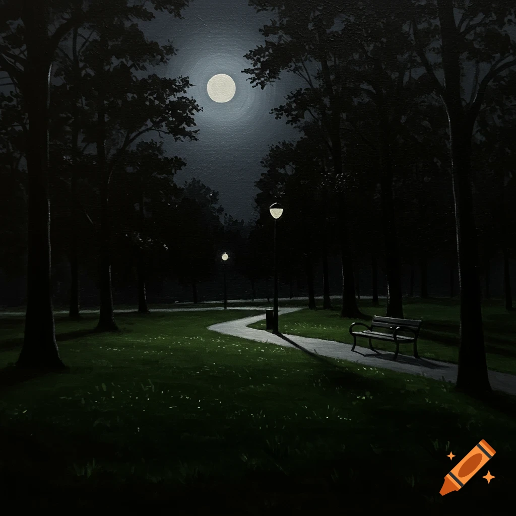 Painting of a park at night with a winding path, lampposts, trees, a bench, and a full moon.