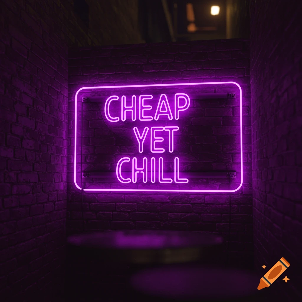 Purple neon sign saying 'Cheap Yet Chill' on a brick wall in a dark setting